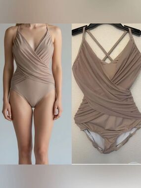Kelle dance lyrical costume tan blush drape mesh leotard LA-Large adult